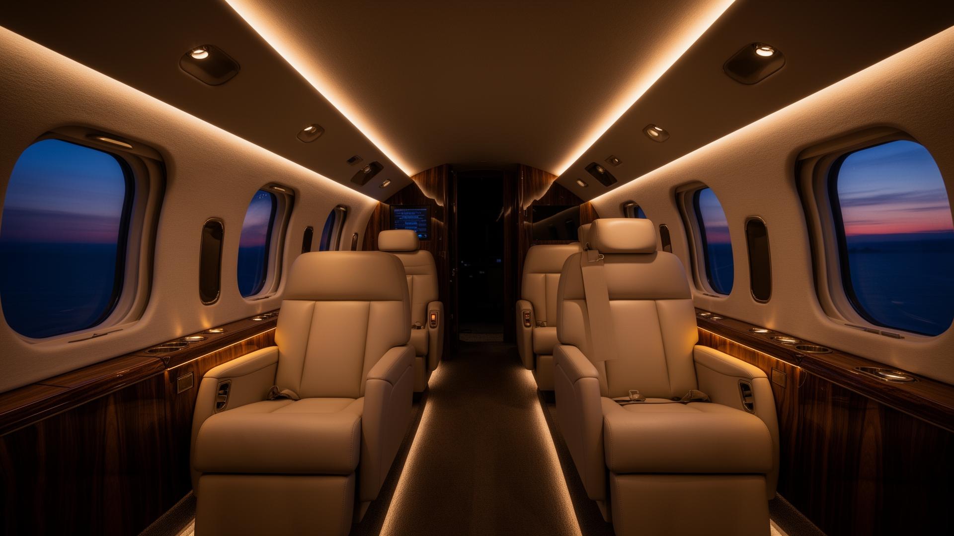 Private jet cabin interior at dusk